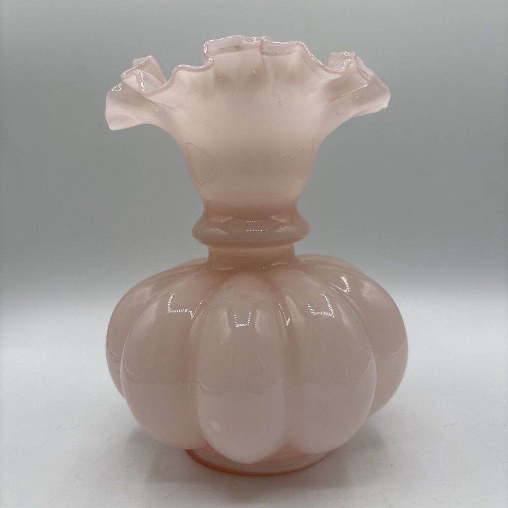 Fenton Pink Ruffled Edge Melon Vase Unmarked 7.75"